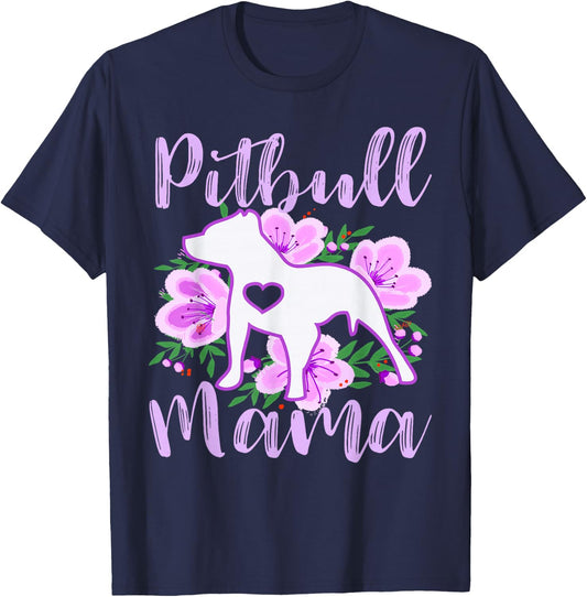 Pitbull Mama Purple Flowers Cute Pit Bull Pretty Mommy T-Shirt - T-Shirt | Navy