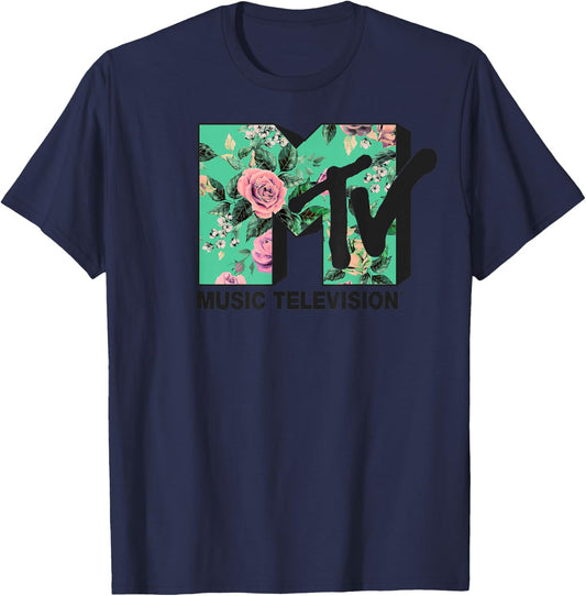 MTV Logo Teal Floral Graphic T-Shirt - T-Shirt | Navy