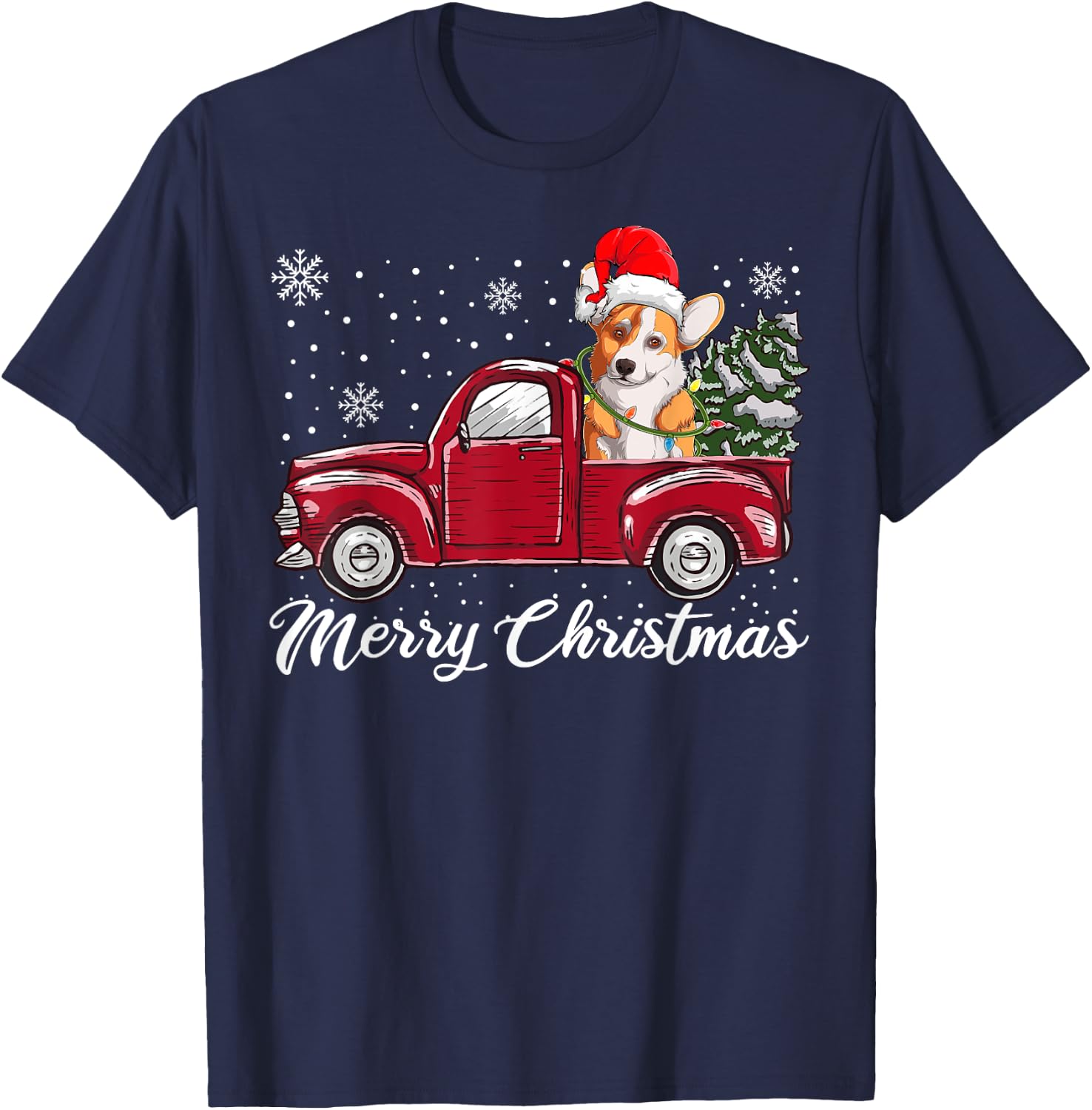Merry Christmas Dog Sweater, Red Truck Welsh Corgi Pajama T-Shirt - T-Shirt | Navy
