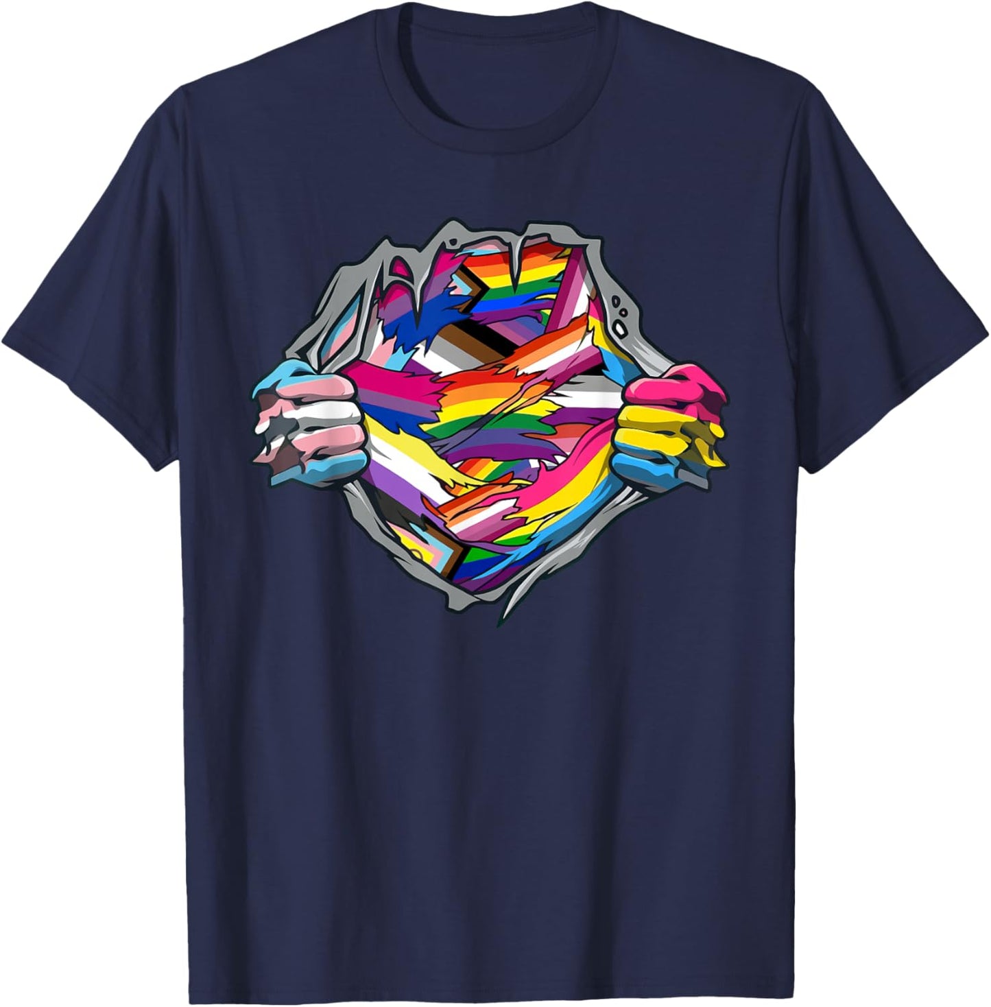 Funny LGBTQ Pride Month Rainbow Flag Superhero Ripped Heart T-Shirt - T-Shirt | Navy