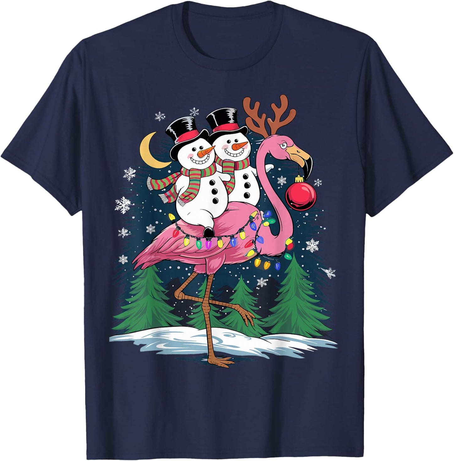 Christmas Snowman Riding Flamingo Xmas Girls Women T-Shirt - T-Shirt | Navy