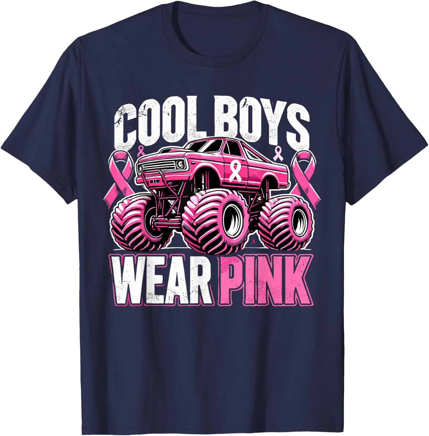 Monster Truck Breast Cancer Awareness Cool Boys Wear Pink T-Shirt - T-Shirt | Navy