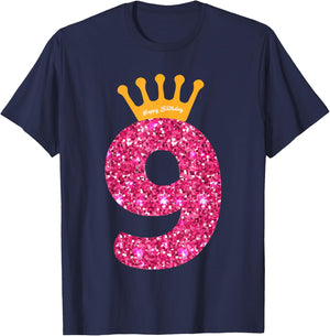 Happy Birthday Shirt, Girls 9th Party 9 Years Old Bday T-Shirt - T-Shirt | Navy