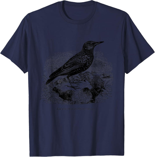 Common European Starling Vintage Bird Art T-Shirt - T-Shirt | Navy