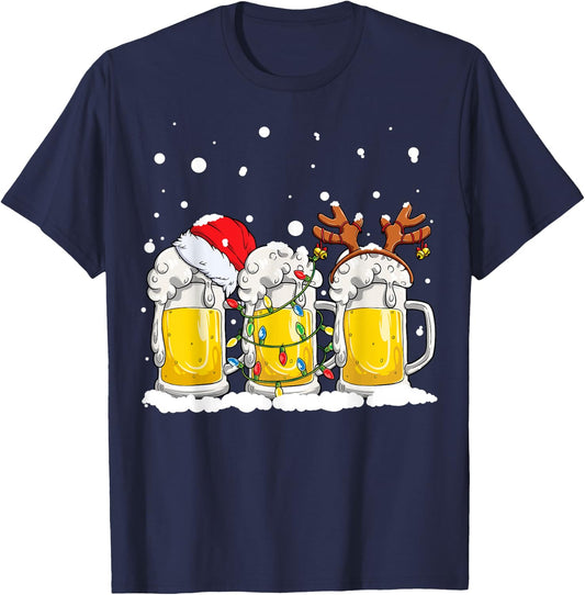 Beer Christmas Mug Santa Reinbeer Xmas Tree Lights Men Women T-Shirt - T-Shirt | Navy