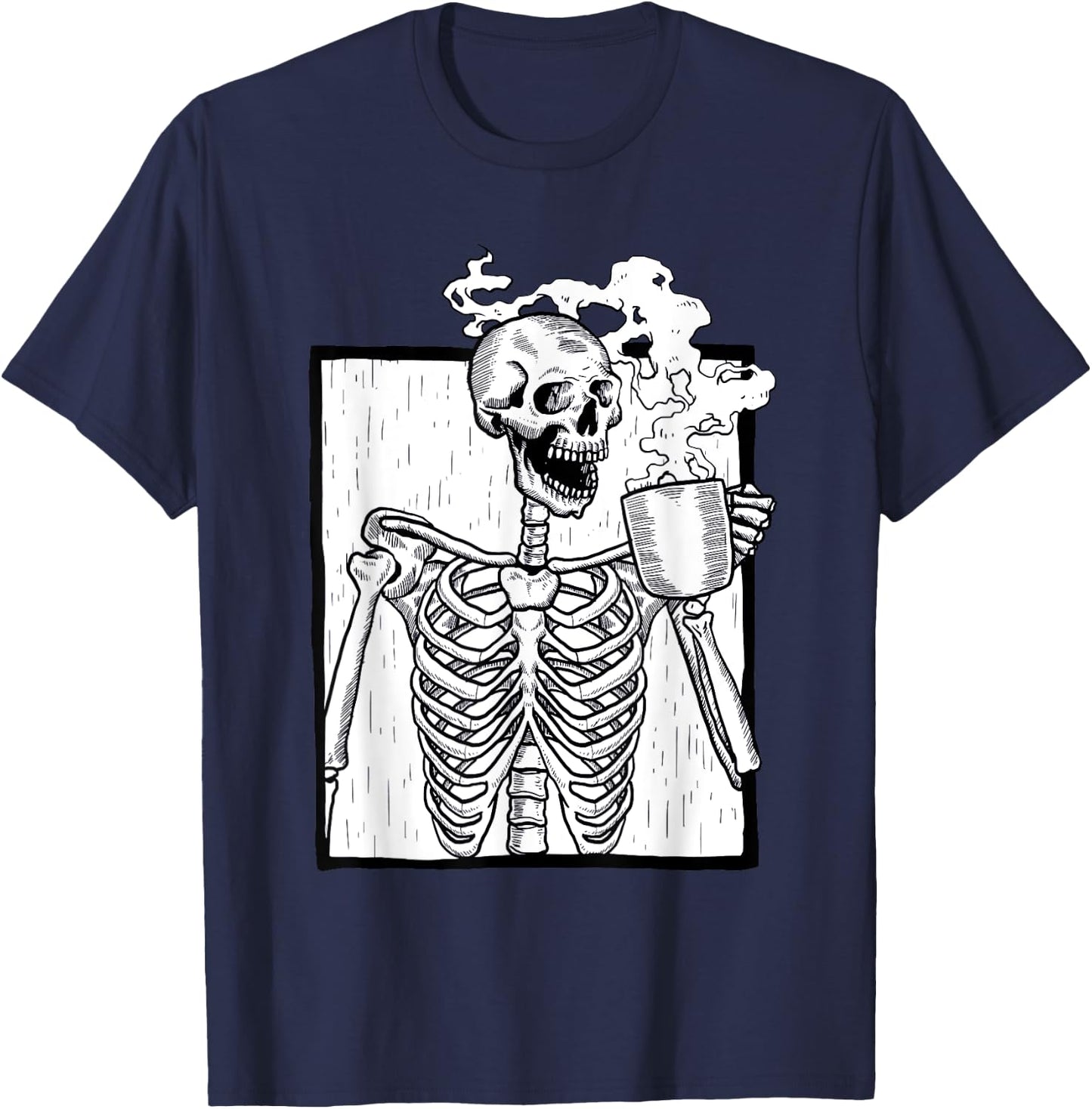 Halloween Coffee Drinking Skeleton Coffee Skull T-Shirt - T-Shirt | Navy