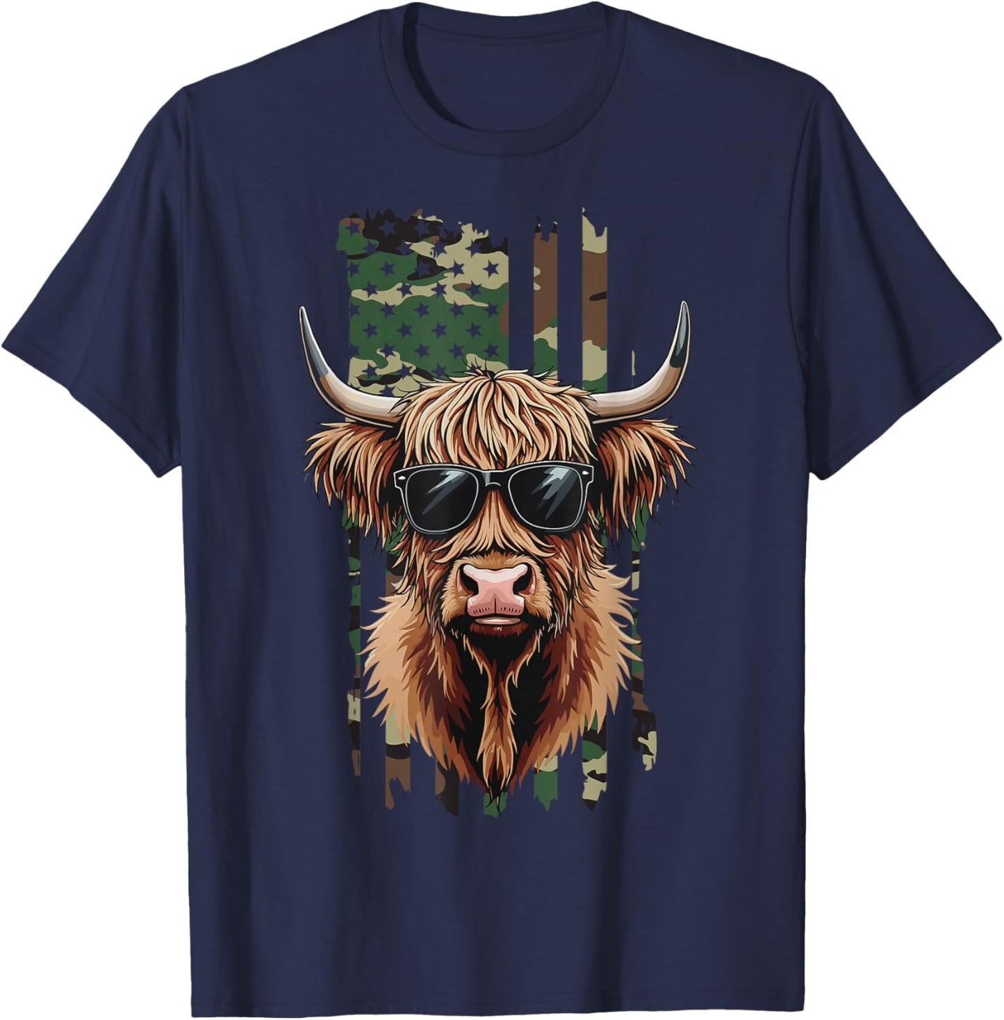 Highland Cow Camo American Flag, Patriotic Highland Cow T-Shirt - T-Shirt | Navy