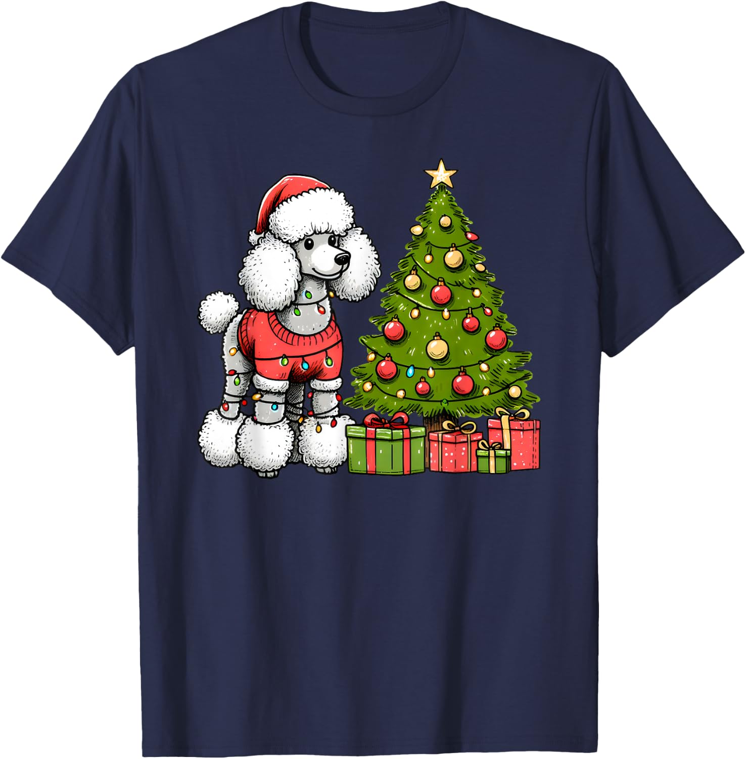 Merry Christmas Poodle Santa Christmas Lights Dog Xmas Tree T-Shirt - T-Shirt | Navy