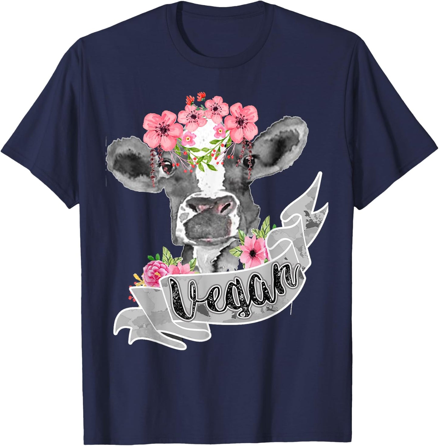 Vegetarian Humor Fashion Vegan Funny Cow With Flower Headband Gift T-Shirt - T-Shirt | Navy