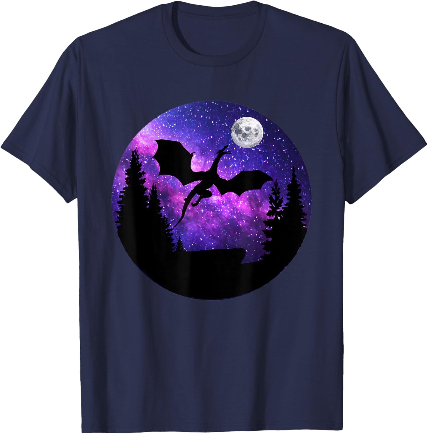 Dragon In Night Sky Full Moon Purple Galaxy Cosmic Art T-Shirt - T-Shirt | Navy