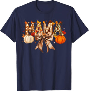 Retro Mama Coquette Bows Leopard Mom Fall Thanksgiving Women T-Shirt - T-Shirt | Navy