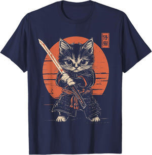 Japanese Samurai Cat Kawaii Ninja Cat T-Shirt - T-Shirt | Navy