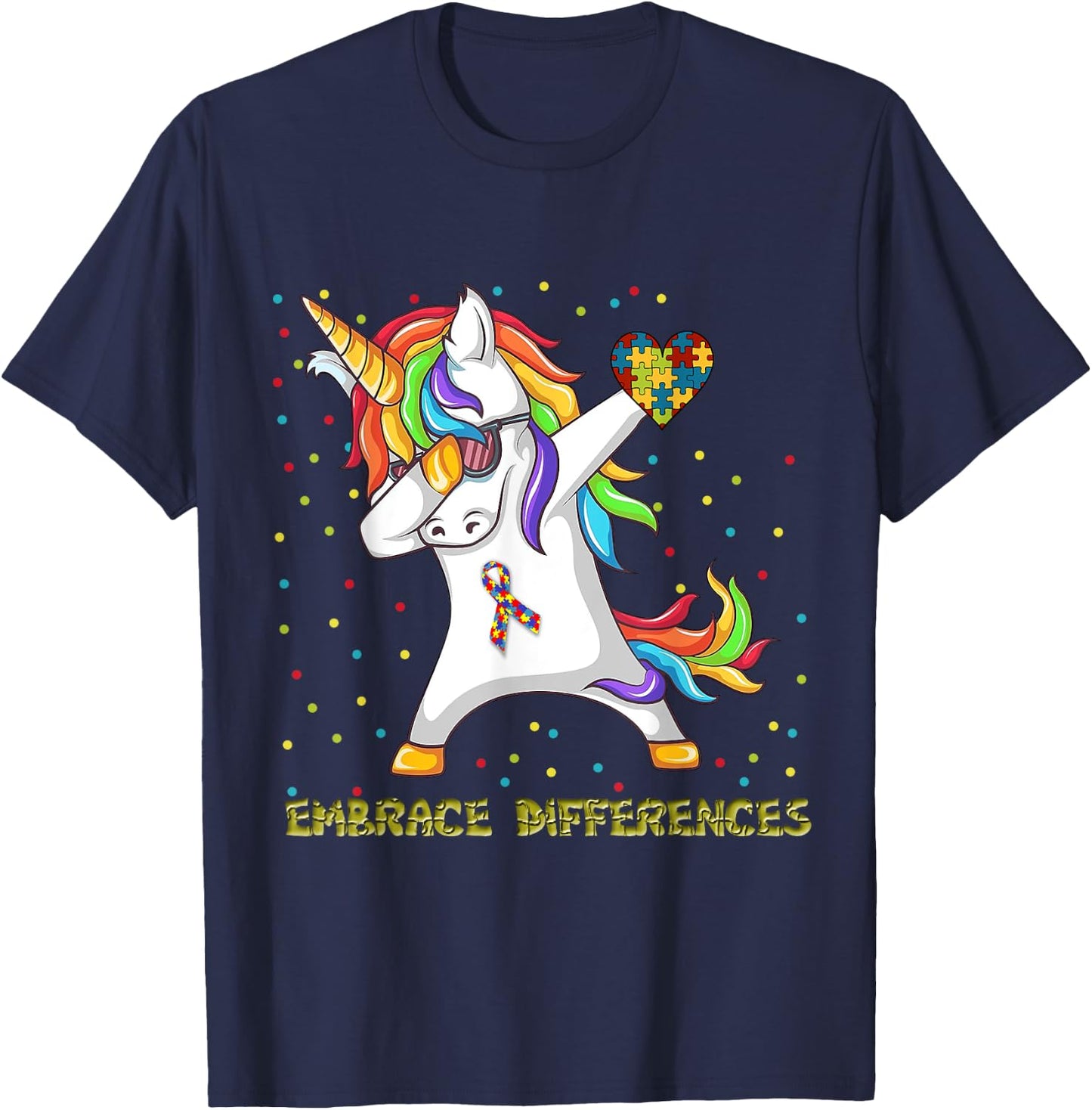Embrace Differences Unicorn Dabbing Puzzle Autism Awareness T-Shirt - T-Shirt | Navy