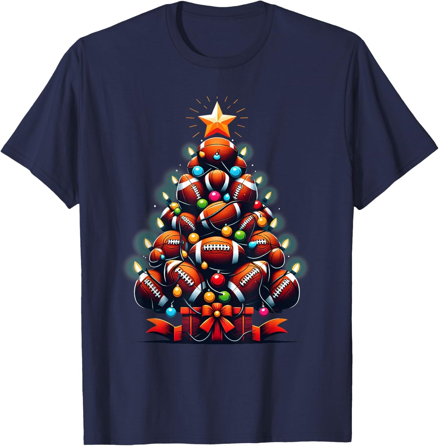 American Football Christmas Tree Xmas Pajamas Player Coach T-Shirt - T-Shirt | Navy