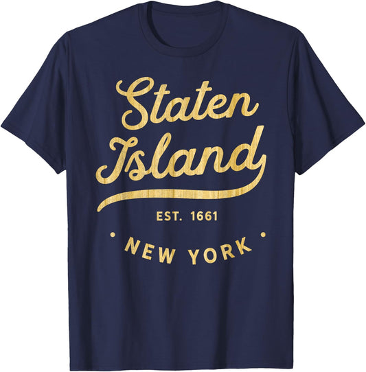 Classic Retro Vintage Staten Island Woodgrain NYC USA Casual T-Shirt - T-Shirt | Navy