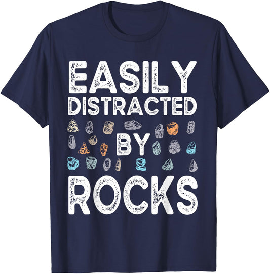 Easily Distracted By Rock Funny Vintage Rock Collector T-Shirt - T-Shirt | Navy