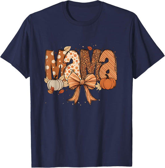 Fall Mama Autumn Coquette Pumpkin Vibes Mom Life T-Shirt - T-Shirt | Navy