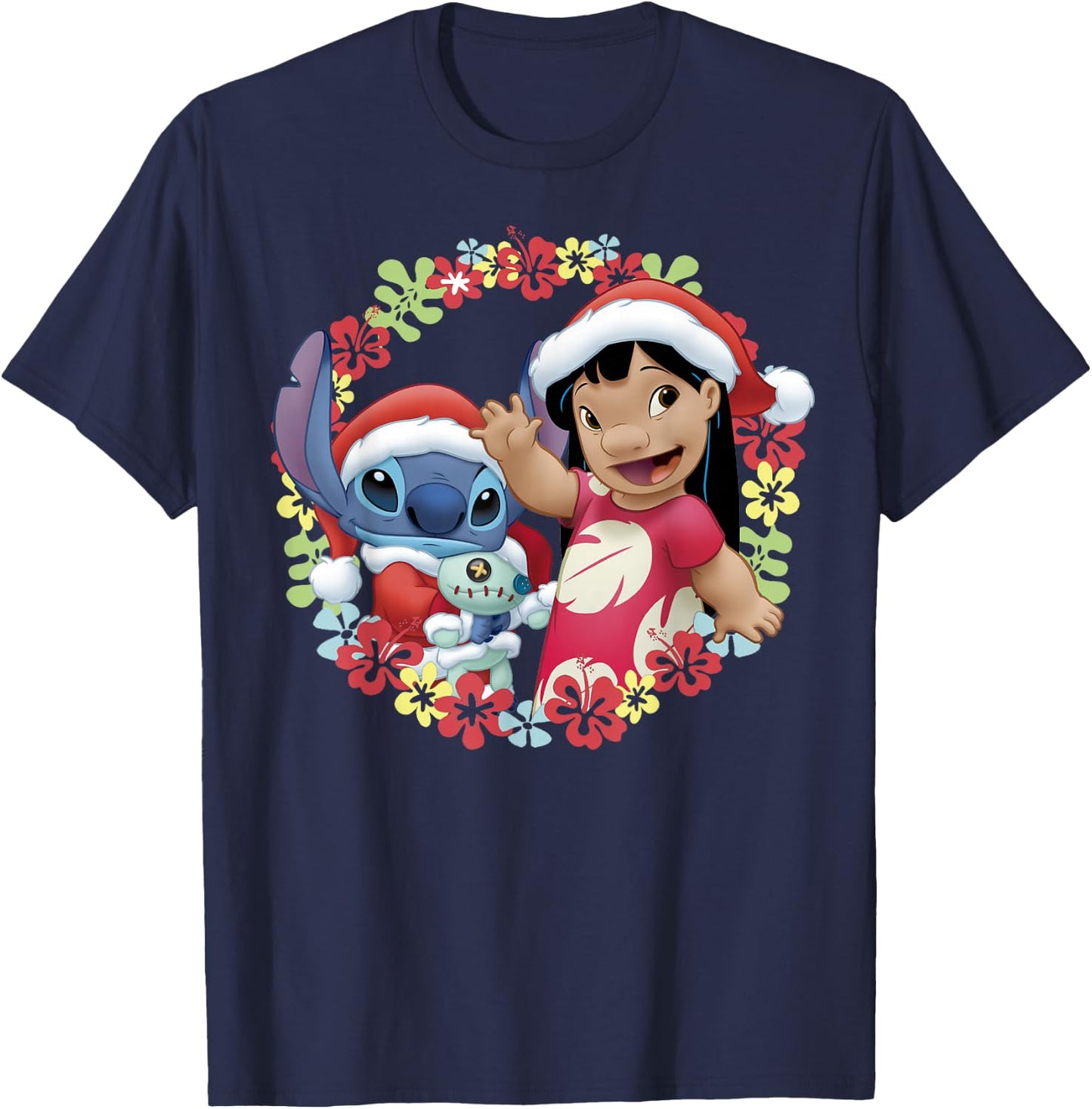 Disney Lilo & Stitch Christmas Hawaiian Flower Wreath T-Shirt - T-Shirt | Navy