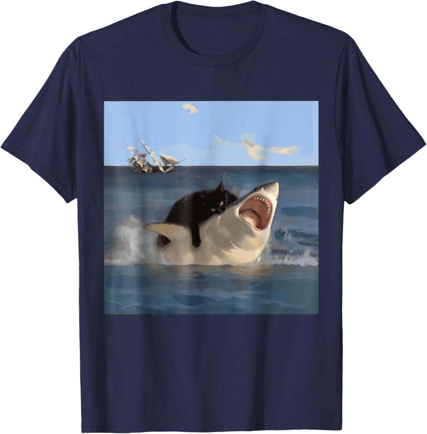 Cat Biting Shark Humorous Playful Funny Cat and Shark Men Women Kids T-Shirt - T-Shirt | Navy