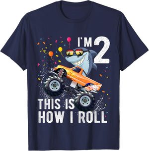 Shark Monster Truck 2nd Birthday Boys and Girls T-Shirt - T-Shirt | Navy