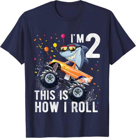 Shark Monster Truck 2nd Birthday Boys and Girls T-Shirt - T-Shirt | Navy