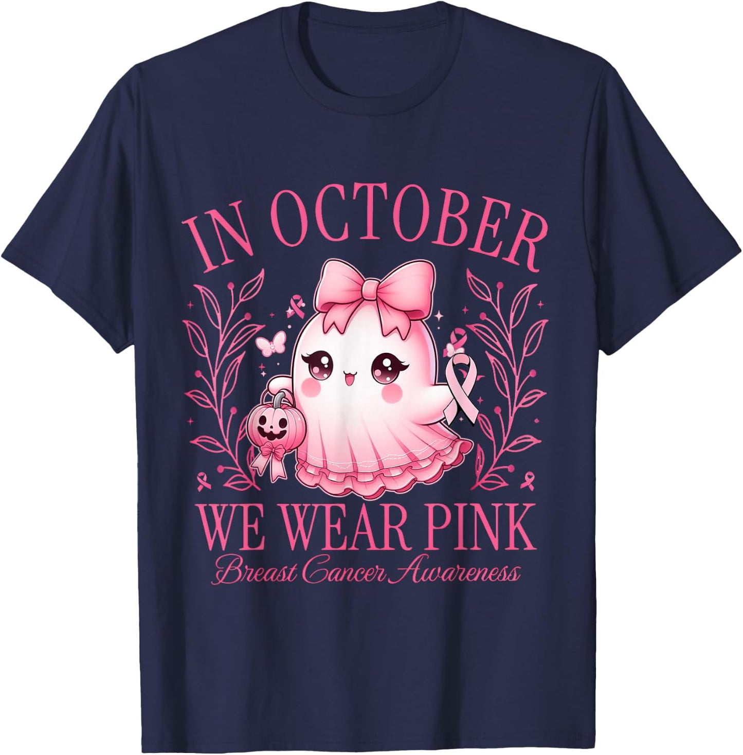 In October We Wear Pink Breast Cancer Ghost Coquetty T-Shirt - T-Shirt | Navy