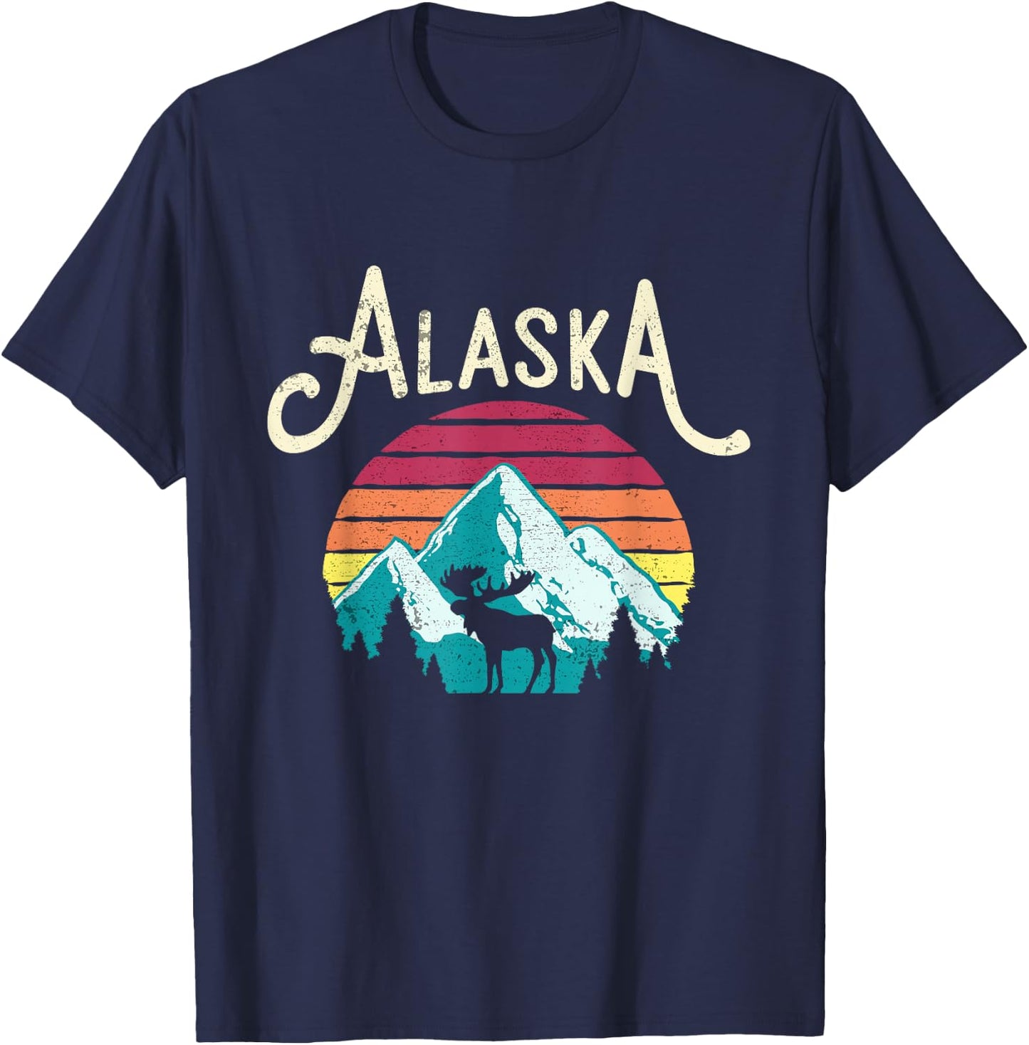 Retro Alaska AK Juneau Mountains Wildlife Moose T-Shirt - T-Shirt | Navy