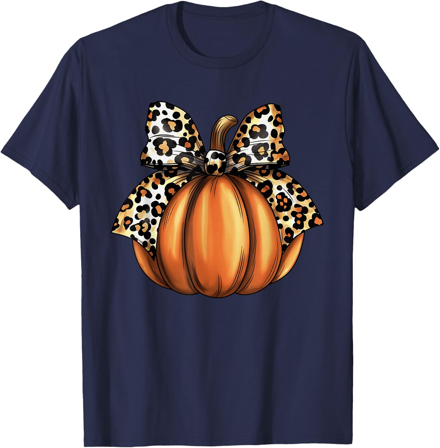 Pumpkin Leopard Coquette Bow Women Girls Kids Halloween T-Shirt - T-Shirt | Navy