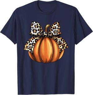 Pumpkin Leopard Coquette Bow Women Girls Kids Halloween T-Shirt - T-Shirt | Navy