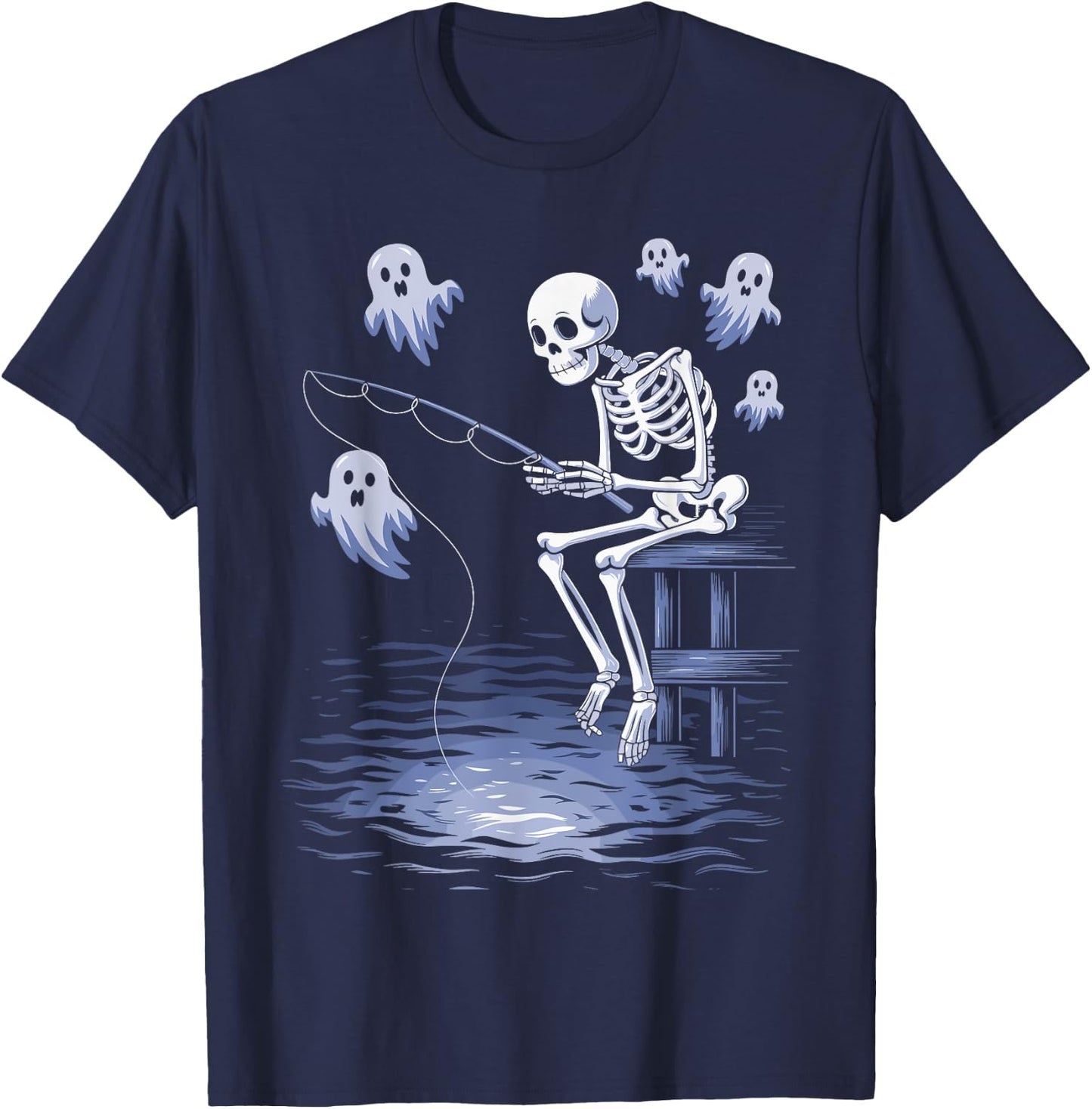 Funny Skeleton Fishing Lovers Spooky Halloween Fisherman T-Shirt - T-Shirt | Navy
