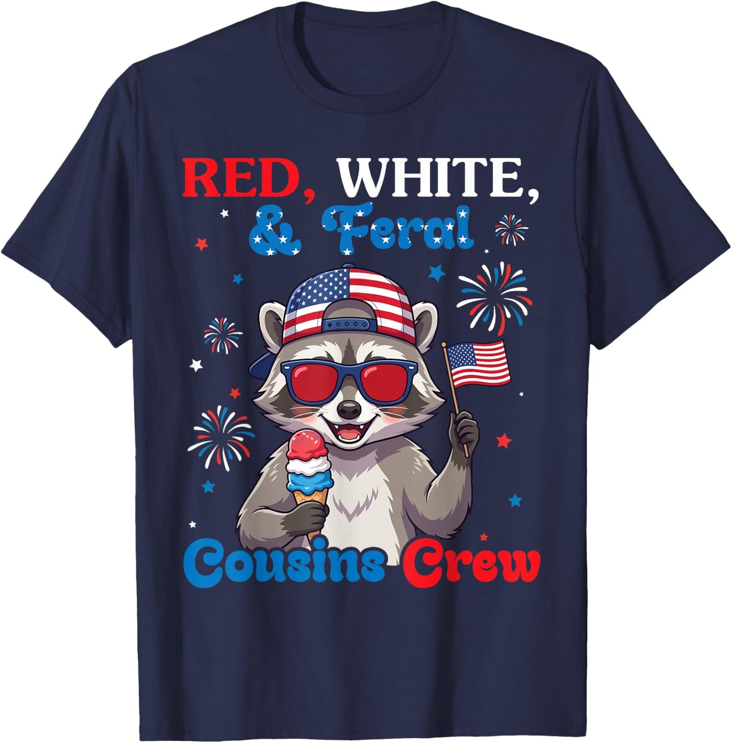 Red White Feral Cousins Crew Patriotic Raccoon July 4th Boys T-Shirt - T-Shirt | Navy