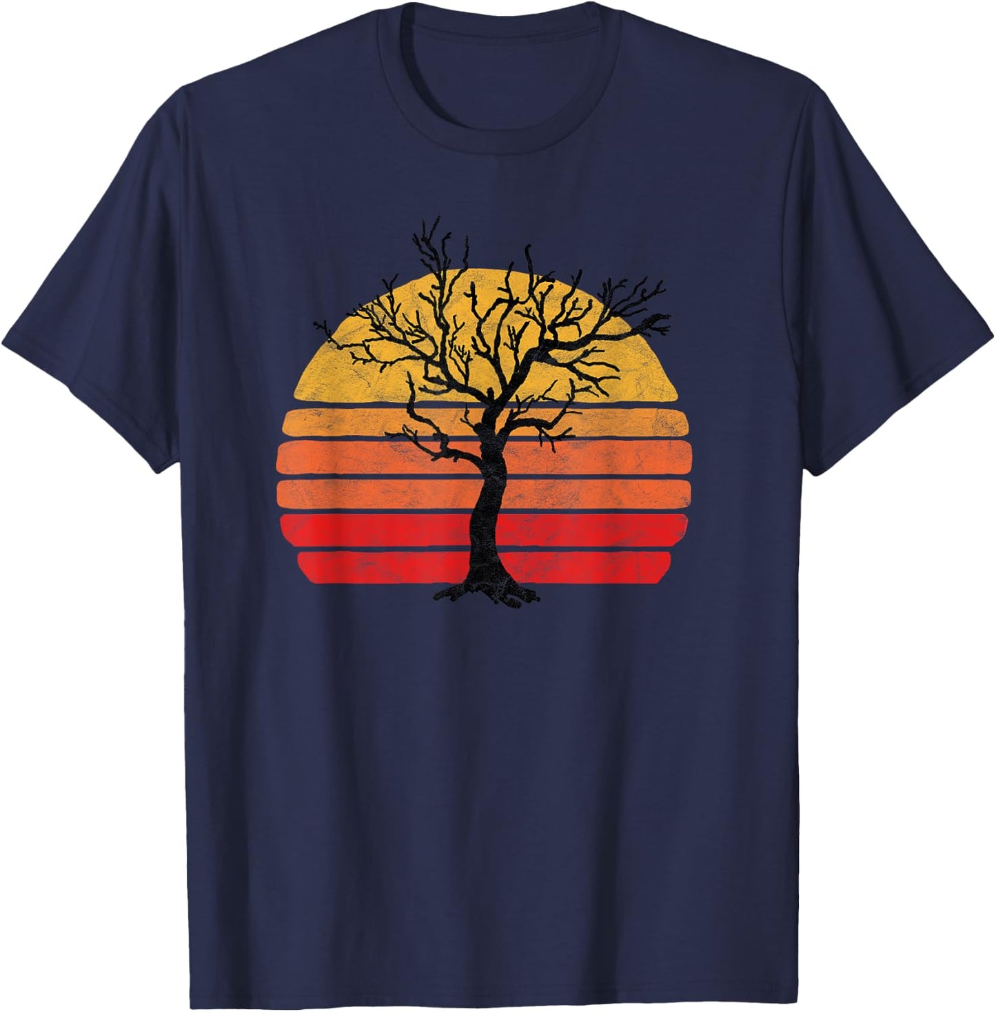 Retro Sun Minimalist Leafless Tree Design Graphic T-Shirt - T-Shirt | Navy