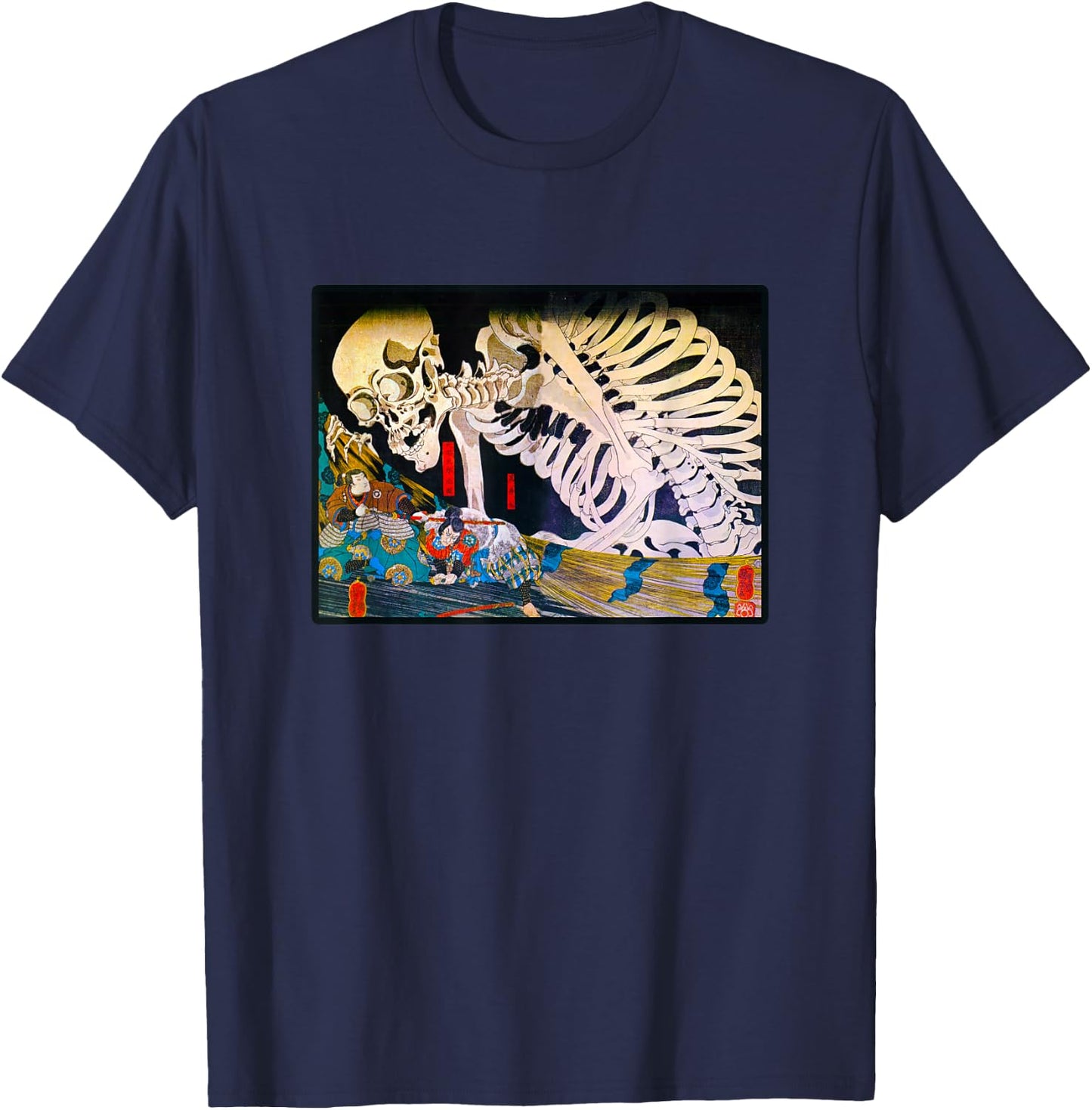 Vintage Art Prints Skeleton Ukiyo-e Japanese Woodblock Art T-Shirt - T-Shirt | Navy
