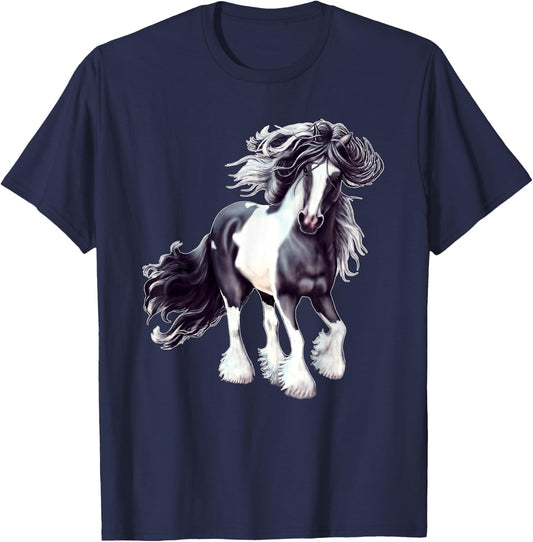 Gypsy Vanner Black and White Stallion T-Shirt - T-Shirt | Navy