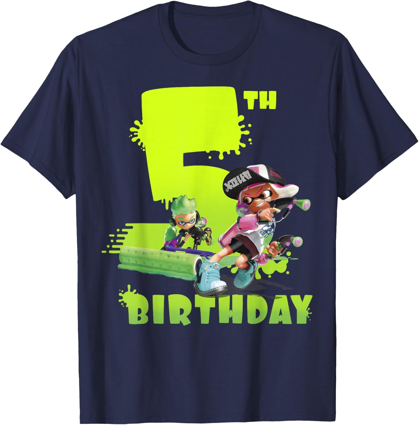 Splatoon Inkling 5th Birthday Green Splatter Portrait T-Shirt - T-Shirt | Navy