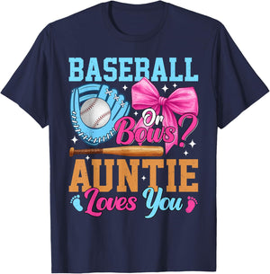 Baseball Or Bows Your Auntie Loves You Gender Reveal T-Shirt - T-Shirt | Navy