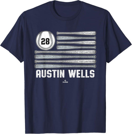 Baseball American Flag Austin Wells New York Baseball MLBPA T-Shirt - T-Shirt | Navy