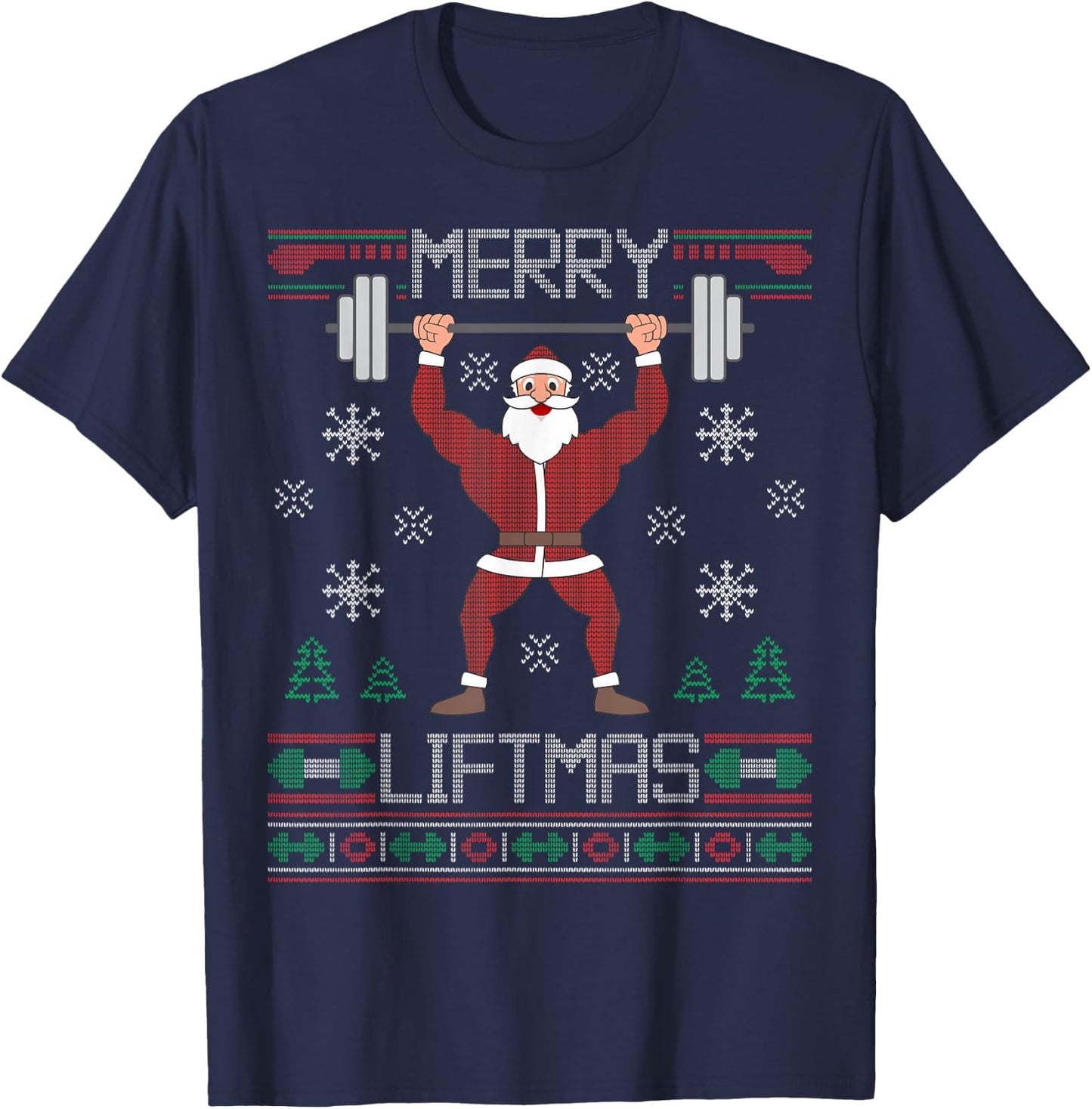 Merry Liftmas Ugly Christmas Sweater Santa Claus Gym Workout T-Shirt - T-Shirt | Navy