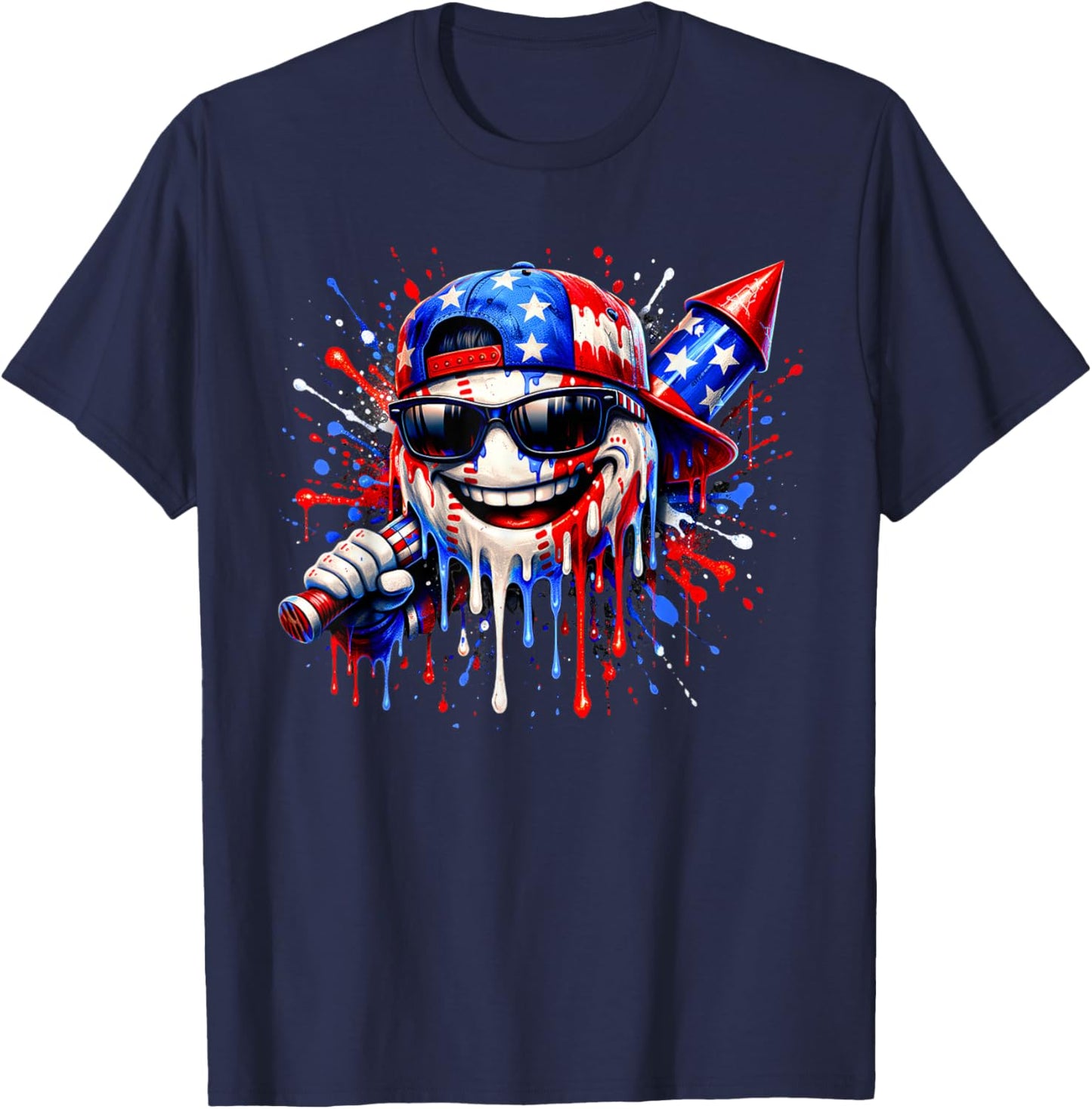 Baseball Drip 4th July USA Flag Patriotic Independence Day T-Shirt - T-Shirt | Navy