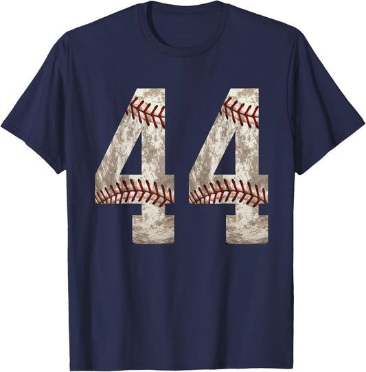 Baseball Jersey Number 44 Outfit Distressed Ball Design T-Shirt - T-Shirt | Navy
