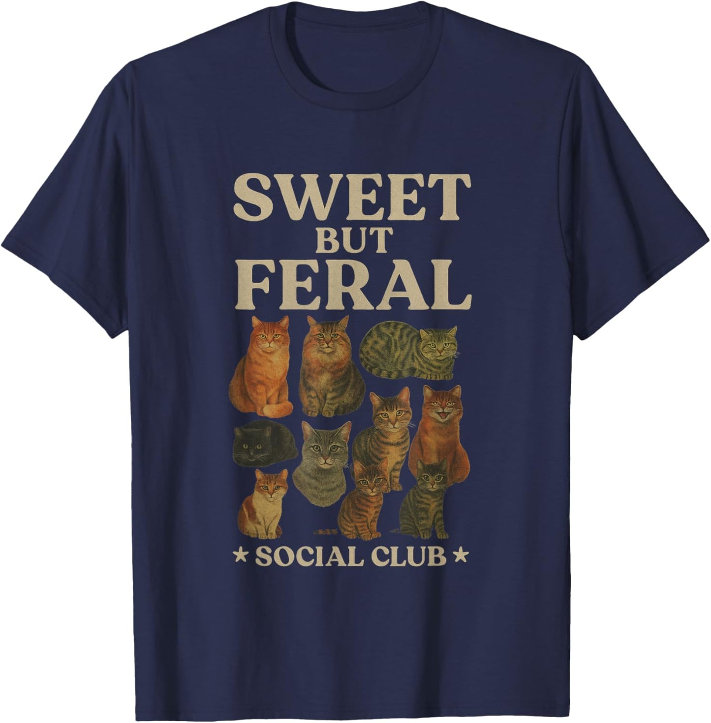 Sweet But Feral – Vintage Cat Lover Graphic Women T-Shirt - T-Shirt | Navy