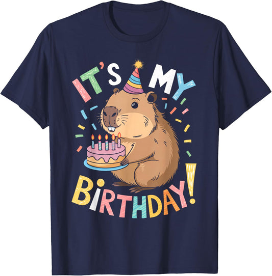 It's My Birthday Funny Capybara Bday Party Boys Girls Kids T-Shirt - T-Shirt | Navy
