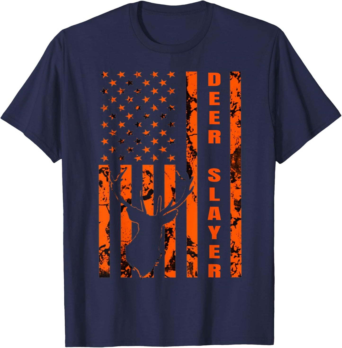 Hunter Orange Camo American Flag Deer Slayer Hunting Lover T-Shirt - T-Shirt | Navy