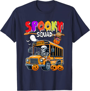 Spooky Halloween Squad Horror Skeleton Driving School Bus T-Shirt - T-Shirt | Navy