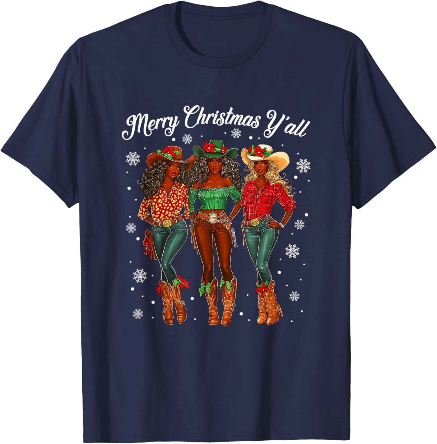 Merry Christmas Y'all Black Cowgirls African Christmas Xmas T-Shirt - T-Shirt | Navy