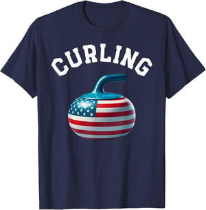 American Flag Curling USA 4th of July Man Woman T-Shirt - T-Shirt | Navy