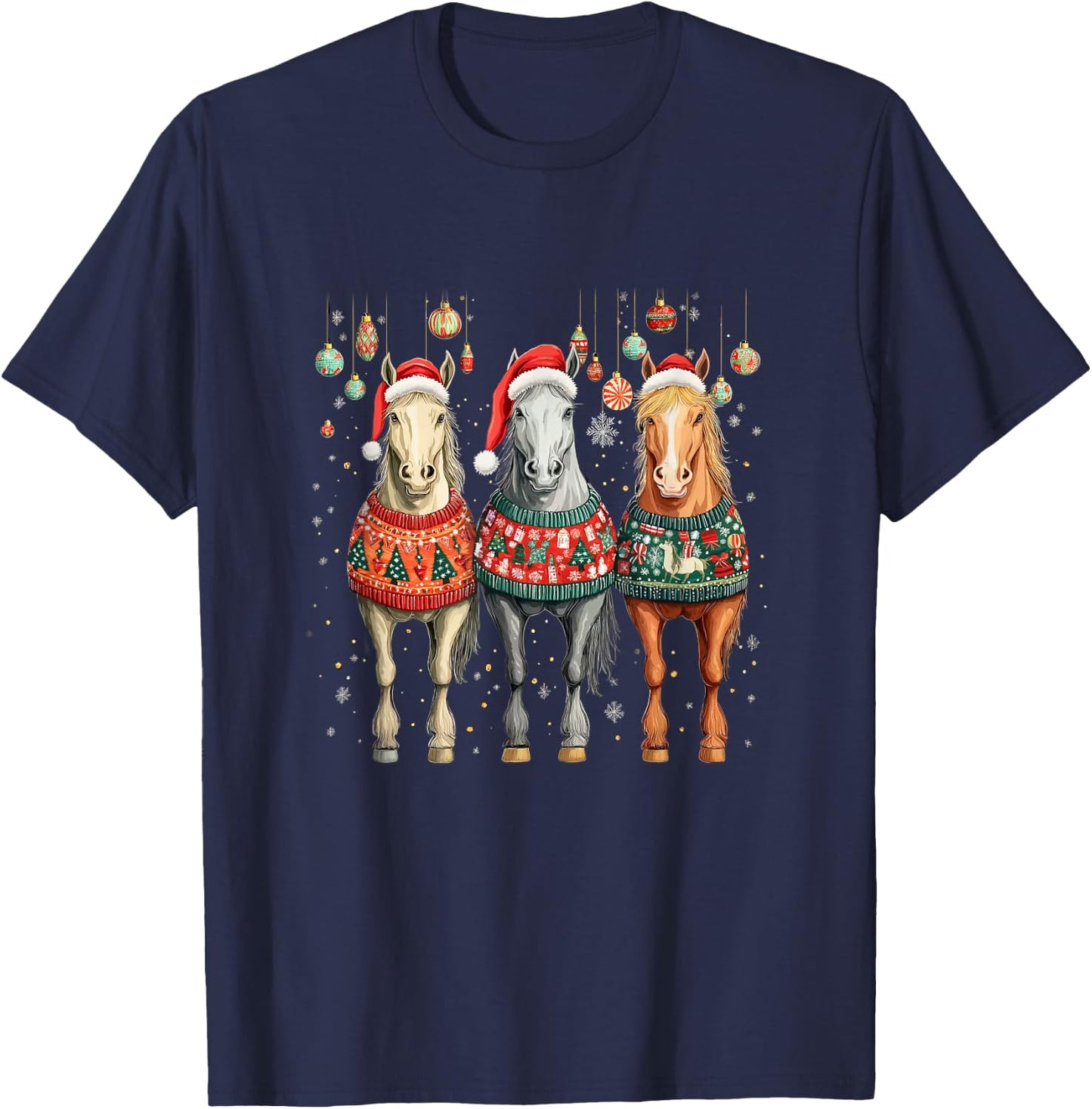 Cute Horses Santa Hat Ugly Christmas Xmas Horse Lover T-Shirt - T-Shirt | Navy