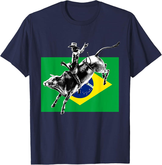 Rodeo Bull Rider Patriotic Flag of Brazil Cowboys T-Shirt - T-Shirt | Navy