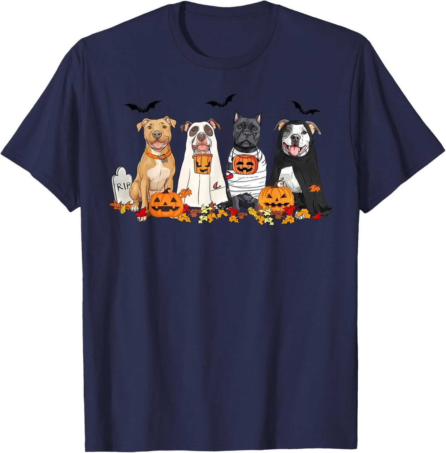 Pit Bull Dogs Ghost Witch Mummy Halloween Pumpkins Spooky T-Shirt - T-Shirt | Navy