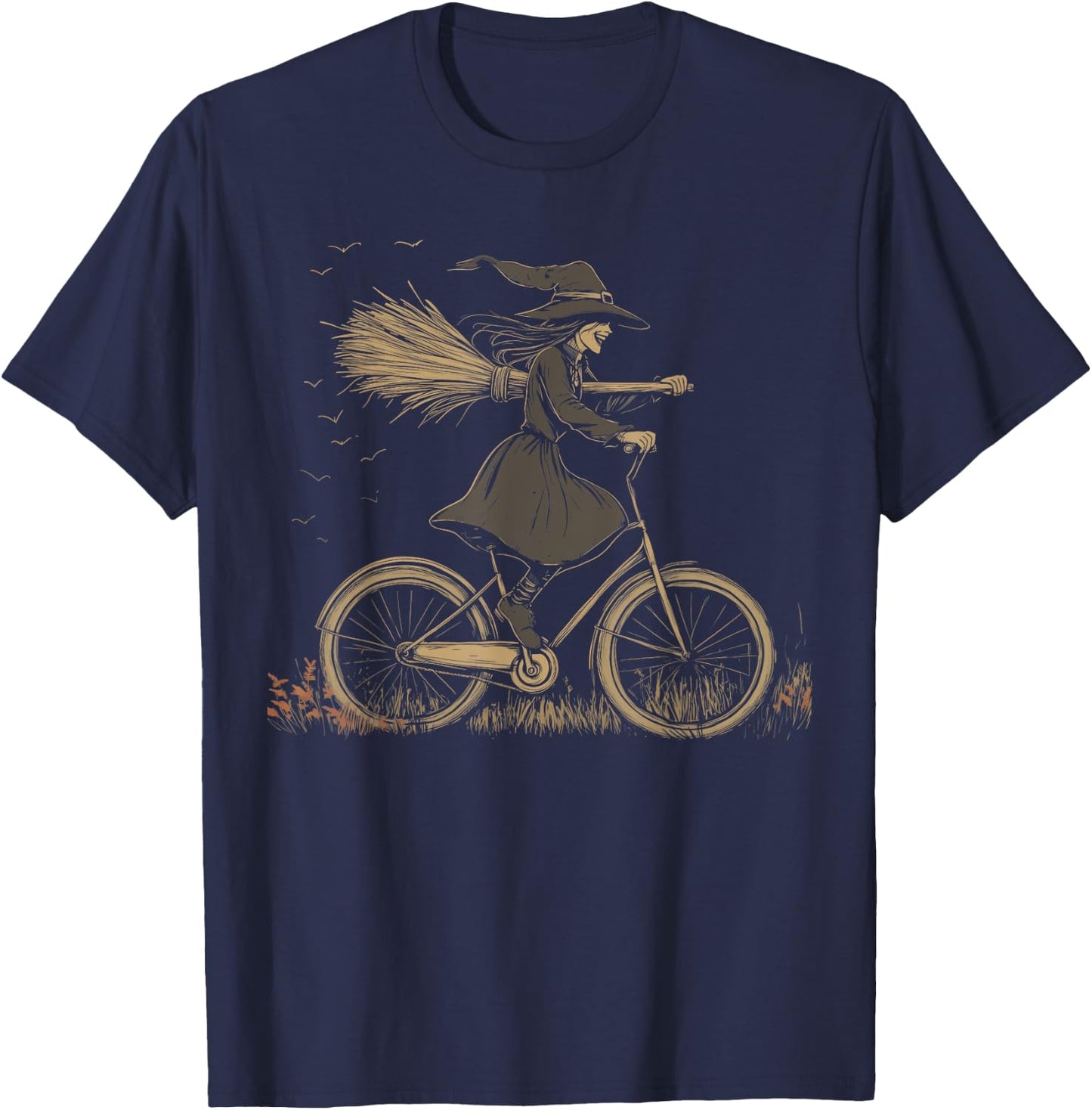 Vintage Spooky Witch Riding Bicycle Cycing Biking Halloween T-Shirt - T-Shirt | Navy